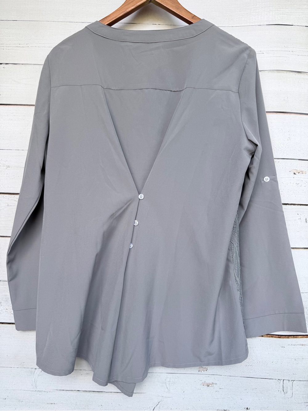 Sheer Floral Lace Overlay Split V-Neck Henley Blouse - Large - Picture 4 of 5